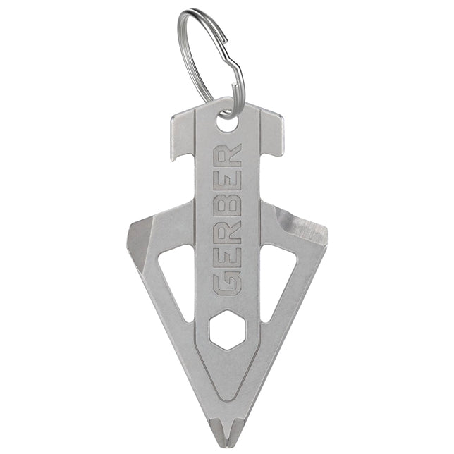 Silverfärgat Gerber Broadhead multiverktyg med integrerad nyckelringsögla